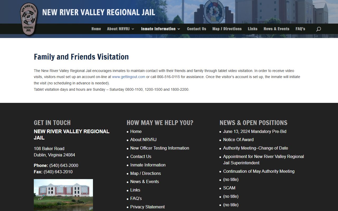 New River Valley Regional Jail video visitation schedule for inmate visits