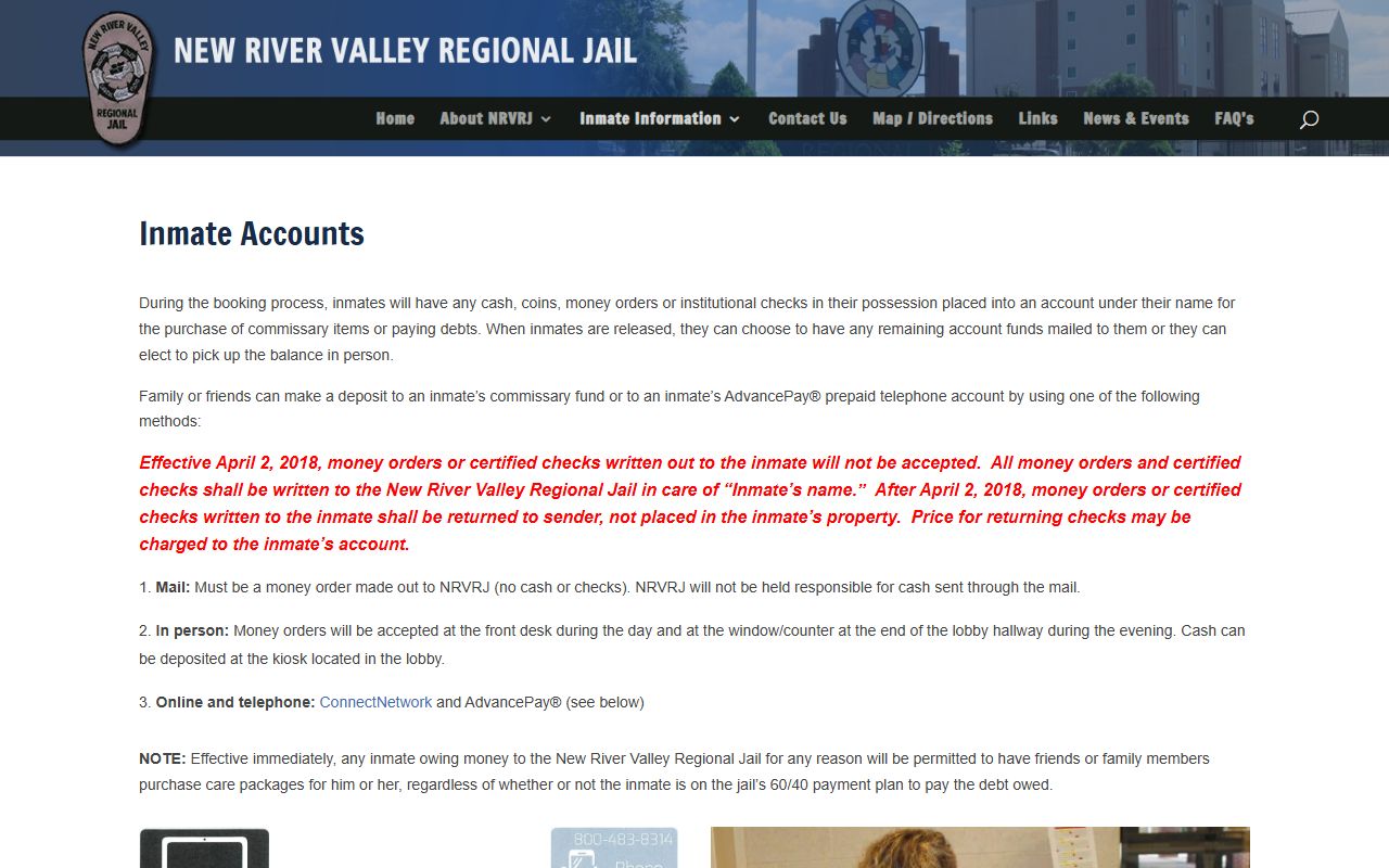 New River Valley Regional Jail inmate account and deposit rules for Wythe County custody