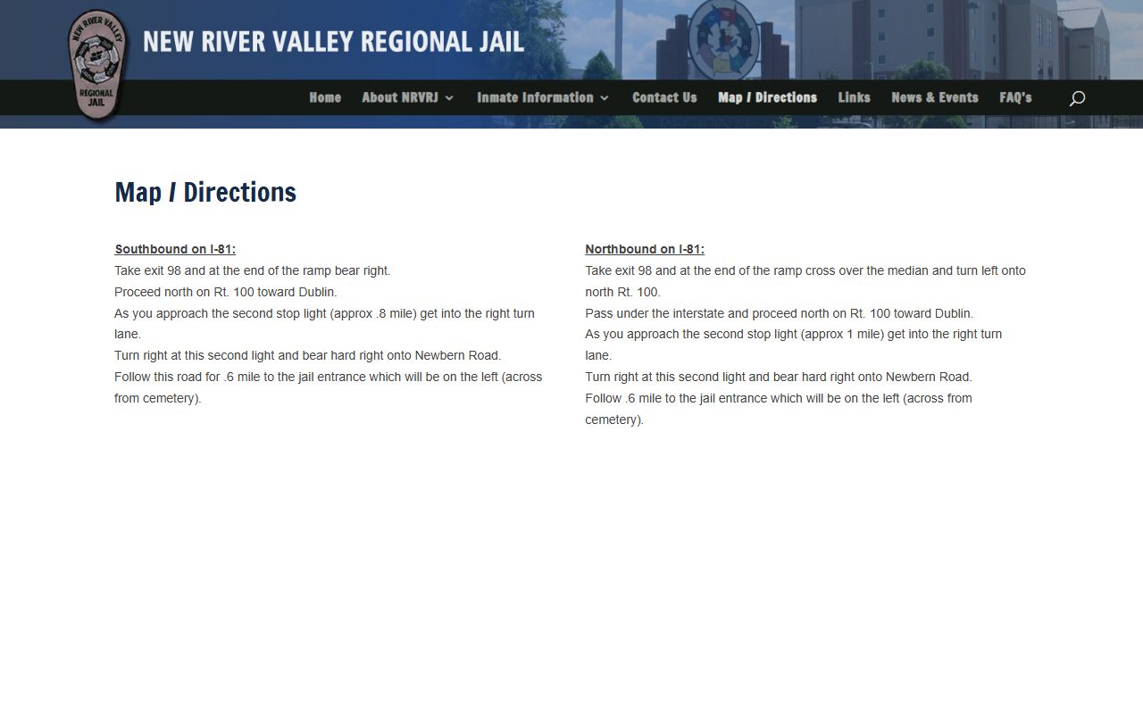 New River Valley Regional Jail map directions for Wythe County inmate visits