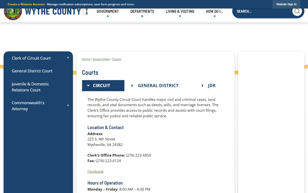 Wythe County courts page for court records after a jail arrest