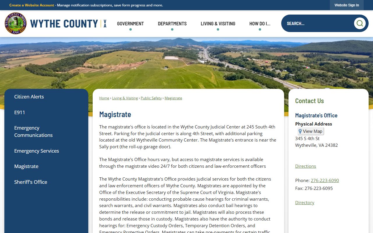 Wythe County Magistrate page showing judicial-center access for lock-up custody